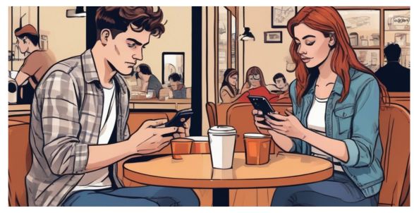 Mann und Frau in Smartphones vertieft